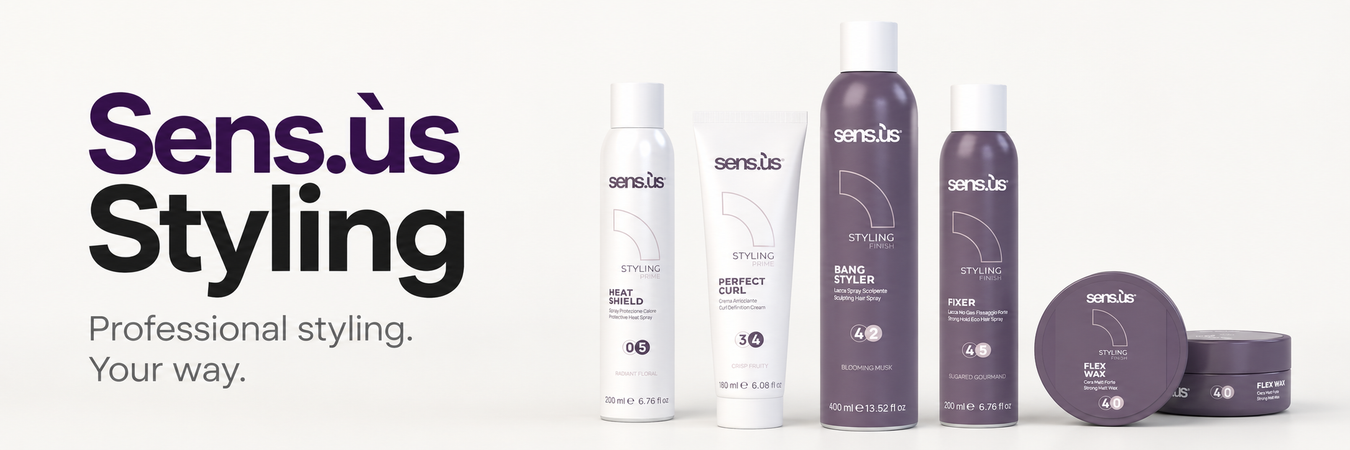 Sens.ùs Styling — Professional styling. Your way. Heat Shield, Perfect Curl, Bang Styler, Fixer and Flex Wax on a light background.