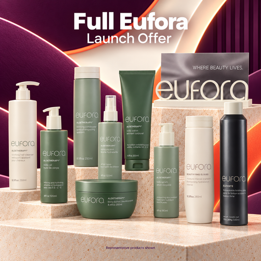 Full Eufora Launch Offer — approved Passion4hair plum and orange packshot; representative products shown
