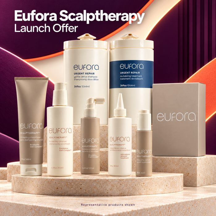Eufora Scalptherapy Launch Offer — approved Passion4hair plum and orange packshot; representative products shown