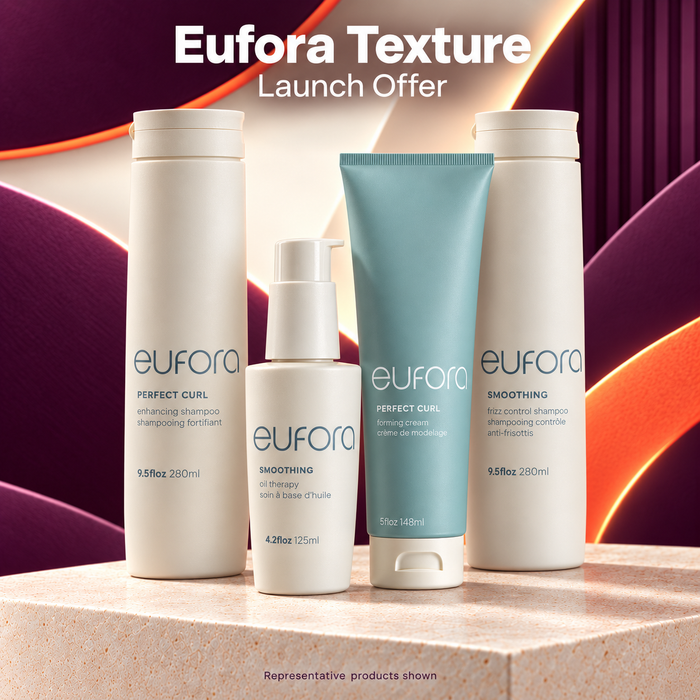 Eufora Texture Launch Offer — approved Passion4hair plum and orange packshot; representative products shown