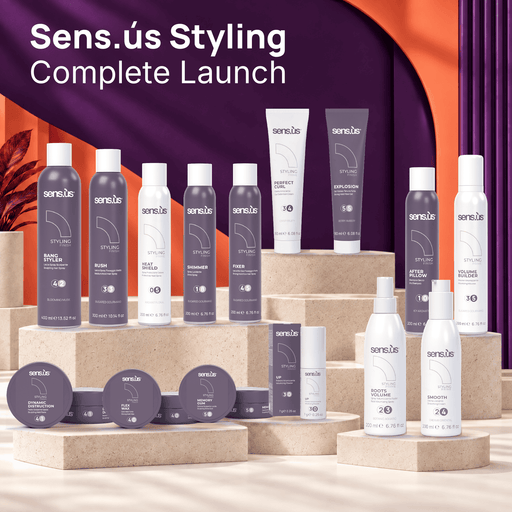 Sens.ús Styling Complete Launch — approved full-range launch artwork. Package includes 60 retail products plus 15 complimentary salon-use products.