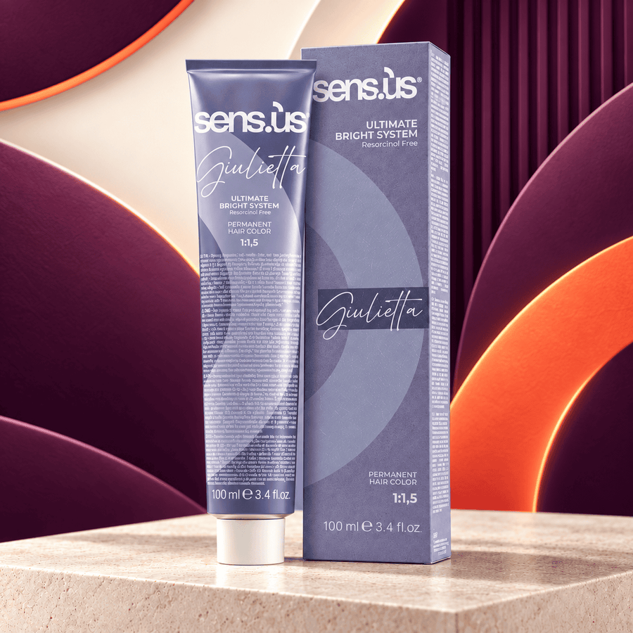Sens.ús Giulietta launch in Passion4Hair plum and orange artwork