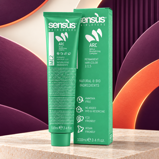 Sens.ús MC2 launch in Passion4Hair plum and orange artwork